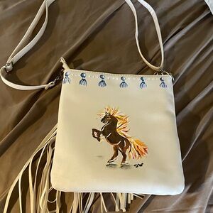 Hand-Painted by @canvascolors White faux Leather Crossbody Bag with Horse Motif